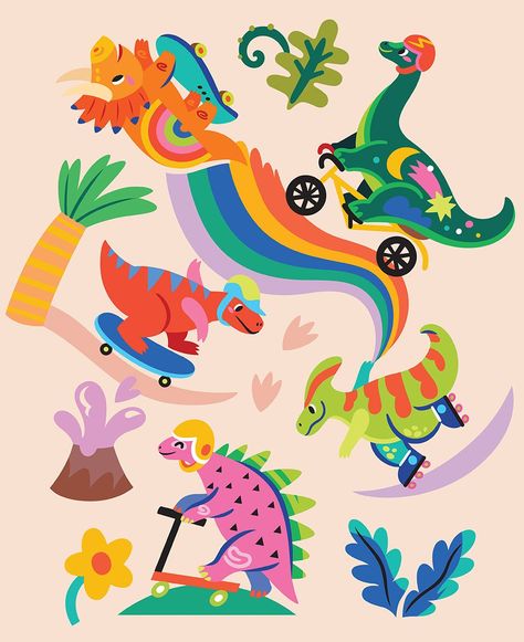 Vibrant skating dinosaurs in the park. Colourful cartoon dinosaurs ride on skates, rollers and bicycle in the park. Vector illustration. #dinosaurs #dino #skate #childish #digitalprinting #kids Dino Illustration, Bicycle Illustration, Illustration For Kids, Dino Park, Gold Digital Paper, Dinosaur Illustration, Geometric Pattern Design, Flower Pattern Design, Dinosaur Pattern