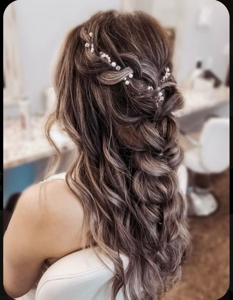 Bridesmaid Hairstyles With Braids Half Up, Half Up Half Down Bridesmaid Hair Long Braid, Half Up Half Down Braided Hairstyles Wedding, Bridal Hair Braids Half Up, Half Up Half Down Wedding Braid, Wedding Braid Half Up Half Down, Half Up Half Down Wavy Wedding Hair, Wavy Hair With Braid Half Up Half Down, Braided Hairstyles For Prom Half Up