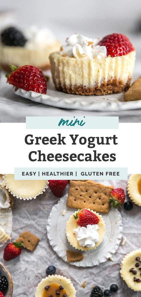 Low Fat Cheesecake, Mini Cheesecakes Recipe, Graham Cracker Dessert, Healthy Cheesecake Recipes, Dessert Gluten Free, Greek Yogurt Cheesecake, Yogurt Cheesecake, Fit Mitten Kitchen, Gluten Free Graham Crackers