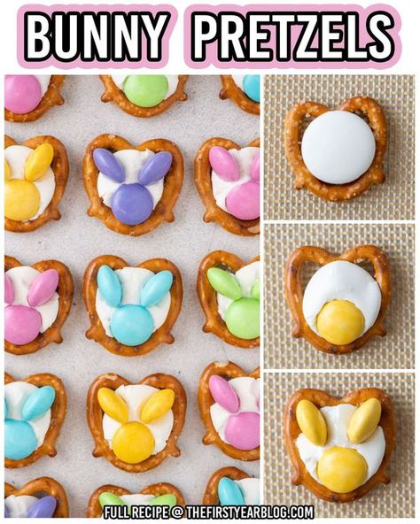 The Keeper of the Cheerios-Blog Easy Easter Sweet Treats, Easter Food To Make With Kids, Pretzel Chicks And Bunnies, Pretzel Easter Bunny, Pretzel Bunny Treats, Bunny Desserts For Easter, Easter Pretzel Ideas, Cute Easter Baking Ideas, Easter Bunny Dessert Ideas