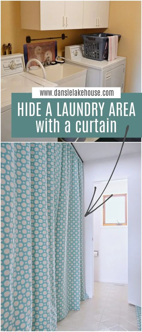 GENIUS!! How to Hide a Washer and Dryer. Hide laundry room entirely with wall to wall curtains on a curtain track so curtains GLIDE so easily out of the way! Hide laundry room with curtains. Use this to hide laundry room in kitchen or hide laundry room in hallway like mine. Hide laundry room hack! Check out the tutorial for how to sew this curtain on a track and tips for hiding washing machine with curtains. Hide Washer And Dryer With Curtains, Hiding A Washer And Dryer In Kitchen, Laundry Room Cover Up Curtains, Hide Laundry Room With Curtains, Curtain Ideas To Hide Storage, Conceal Laundry Area, Curtain In Front Of Washer And Dryer, Curtain To Cover Washer And Dryer, Curtains Over Laundry Closet