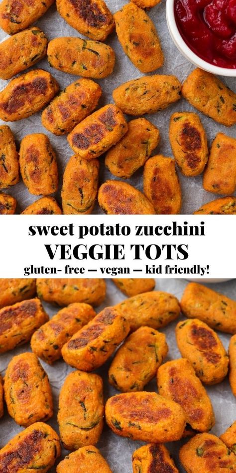 These healthy baked sweet potato zucchini tots are the perfect kid friendly vegetable recipe. Made with just 3 key ingredients, these baked veggie tots are also nut free, paleo and vegan! #tots #kidfriendly #healthysnack Healthy Baked Sweet Potato, Veggie Tots, Nut Free Paleo, Sweet Potato Zucchini, Potato Zucchini, Zucchini Tots, Weaning Foods, Easy Baby Food Recipes, Vegetable Recipe