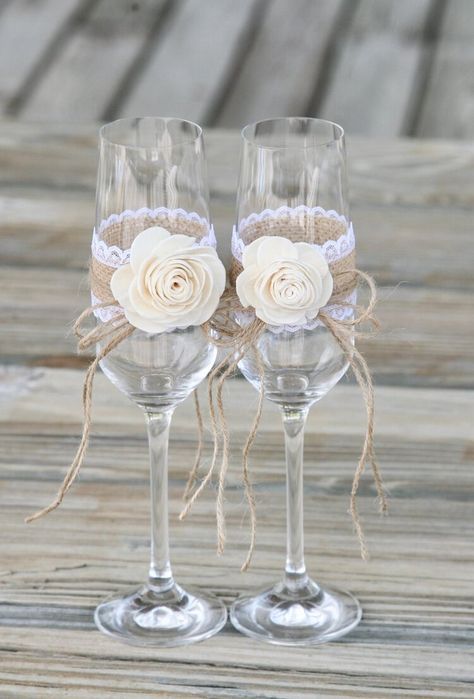 30 Rustic Wedding Details for under $25 Rustic Wedding Glasses, Rustic Wedding Details, Wedding Toasting Glasses, Wedding Wine Glasses, Wedding Champagne Glasses, Decorated Wine Glasses, Wedding Flutes, Country Wedding Decorations, Toasting Glasses