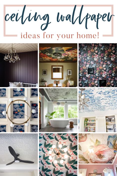 Wallpaper For Sunroom, Wallpaper On Closet Ceiling, Wallpaper For Low Ceilings, Powder Room Ceiling Wallpaper, Accent Ceiling Wallpaper, Wallpaper On Ceiling Laundry Room, Hallway Ceiling Wallpaper Ideas, Bathroom With Wallpaper Ceiling, Powder Room Wallpaper Ceiling