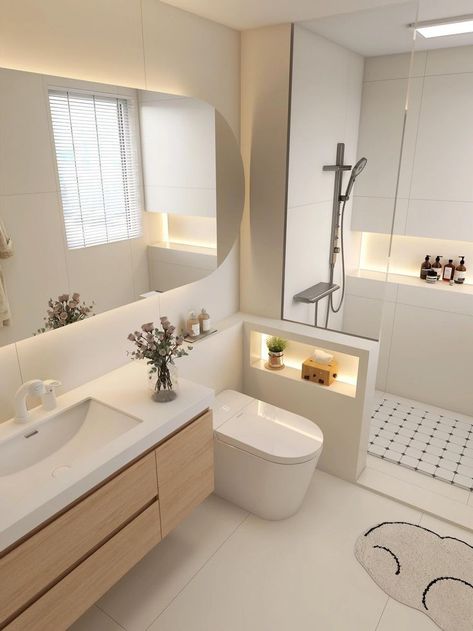 Calm Bathroom Design, Vanity Next To Bathtub, Functional Bathroom Vanity, Minimalistic Bathroom Aesthetic, Aesthetic House Interiors Bathroom, Minimalistic House Decor, Washroom Minimalist, Minimalist Interior Design Bathroom, Timeless Modern Bathroom