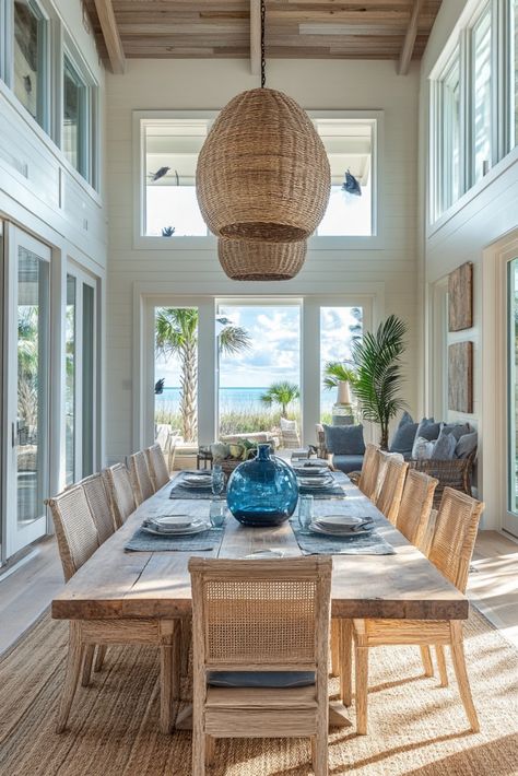 "🌊🍽️ Transform your dining space with Coastal Dining Room Decor! Think light, breezy vibes with nautical accents, driftwood, and soft blues. Perfect for a relaxing, beach-inspired meal at home. 🐚🌴 #CoastalDecor #DiningRoomDesign #BeachStyle" Blue Boho Dining Room, Coastal Dining Table And Chairs, Beachy Dining Table, Luxury Bedroom Master Modern White, Coastal Grandmother Dining Room, Coastal Dining Room Ideas, Coastal Kitchen Table, Small Kitchen Cabinet Storage, Coastal Dining Room Decor