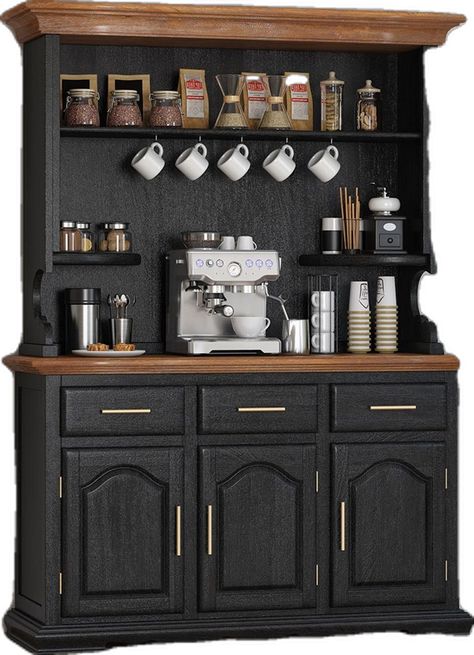 Coffee Bar Hutch, Corner Aesthetic, Home Coffee Station, Dapur Rustic, Kitchen Hutch Cabinet, Bar Hutch, Dining Hutch, Black Buffet, Solid Wood Kitchen