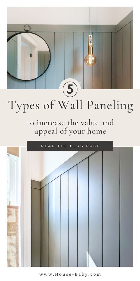 Top 5 Types of Wall Paneling in Interior Design to increase the appeal and value of your space including board and batten wall in a bedroom, board and batten picture rail, board and batten in a living room, simple modern vertical shiplap painted dark in a powder room, wainscoting in modern living spaces, modern beadboard. #ModernWallPaneling #WallPanelTrends #InteriorDesign2023 Decorating Above Board And Batten Walls, Board And Batten Wall With Chair Rail, Vertical Shiplap Board And Batten, Modern Board And Batten Half Wall, Kitchen Wall Board And Batten, Wall Panelling Entryway, Colonial Board And Batten, Midcentury Modern Board And Batten, Shiplap Beadboard Walls