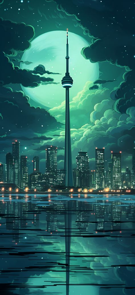 Vibrant turquoise aesthetic image of the Toronto skyline including the CN Tower. Toronto Hd Wallpaper, Turquoise Aesthetic Wallpaper Iphone, Toronto Wallpaper Iphone, 1080p Aesthetic Wallpaper, Aesthetic Turquoise Wallpaper, Cn Tower Wallpaper, Cn Tower Tattoo, Cyan Wallpaper Aesthetic, Turquoise Wallpaper Aesthetic