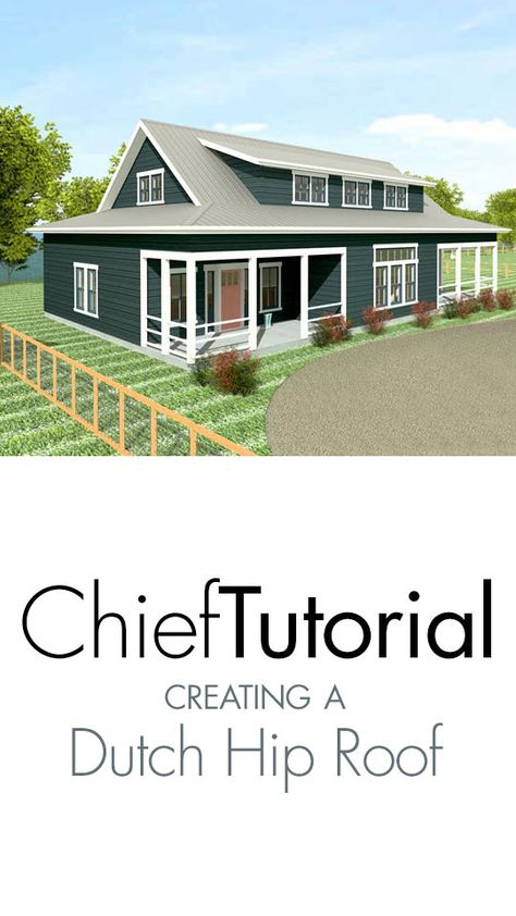 A Dutch hip roof, sometimes called a Dutch gable roof, is a combination of hip and gable roof styles in which a gable is located at the end of the ridge, at the top of a hip roof plane. Creating a Dutch hip roof is easy to do in Chief Architect Home Design Software. Click the link and follow the steps to create your own Dutch Hip Roof. #dutchhiproof #dutchgableroof #roofdesign #roof #chiefarchitect #3drender #3drendering #homedesign #architecture House Additions By Adding Onto A Hip Roof, Dutch Hip Roof Design, Examples Of Dutch Gable Roof Designs, Dutch Hip Roof House, Three Examples Of Dutch Gable Roof Designs, Hip And Gable Roof Combination, Split Roof Design, Dutch Gable Roof Exterior Design, Chief Architect Tutorials