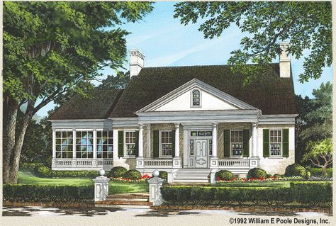 William E. Poole Designs - Shields Townhouse Greek Revival House Plans, Beamed Ceilings, Neoclassical House, Double Sinks, Southern House, Southern House Plans, Traditional House Plan, Whirlpool Tub, Spa Bath