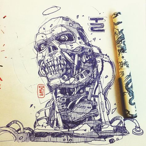 This guy needs no introduction. Ballpoint pen drawing #sketch #sketching #art #drawing #handdrawn #skulls #robots #terminator #skull… Artem Solop, Graffiti Sketchbook, Ballpoint Pen Drawing, Sketching Art, Robot Concept, Science Fiction Illustration, Artwork Inspiration, Arte Robot, Traditional Artwork