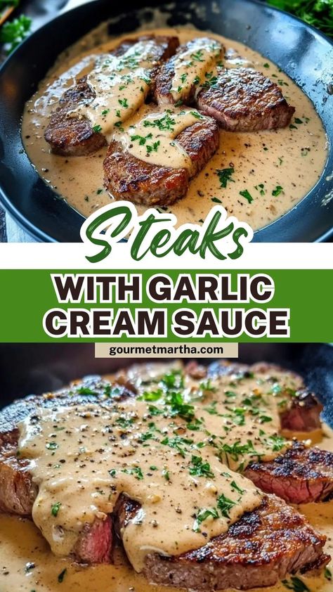 Elevate your dinner with these perfectly seared Steaks with Garlic Cream Sauce. Rich, creamy, and packed with garlicky goodness, this recipe takes your steak game to the next level. Ready to cook? Click for the recipe! #SteakDinner #GarlicCreamSauce #SteakRecipe #DinnerInspiration #EasyGourmet #SteakLovers #GarlicLovers #CreamySauce #QuickDinnerIdeas #DinnerTonight #FoodieFavorites #ComfortFood Steak With Ghostly Bourbon Garlic Cream Sauce, Steak With Garlic Cream Sauce, Garlic Sauce For Steak, Steak Cream Sauce, Garlic Cream Sauce Recipe, Steak Sauce Recipes, Steak Dinner Recipes, Garlic Cream Sauce, Creamy Garlic Sauce