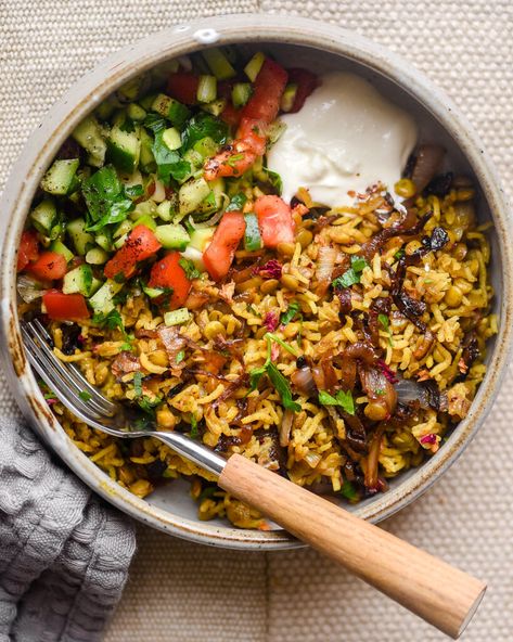 Lentils & Rice Pilaf with Caramelized Onions (Mujadara) | Nourish Deliciously Quick Rice Lunch, Dinner With Veggies Ideas, Rice Dinners Vegetarian, Healthy Rice Pilaf, Lentils With Rice, Lentils And Rice With Caramelized Onions, Lentil Recipes Dinner, Lentil Rice Salad, Lentils And Beans Recipes