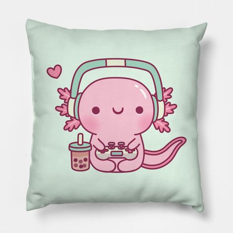 A cute axolotl is wearing headphones and playing video games with a game controller! A bubble tea by the side for when it is thirsty. For axolotl and video game lovers! ♥ -- Choose from our vast selection of throw pillows to match with your desired size to make the perfect custom pillow. Pick your favorite: Movies, TV Shows, Art, and so much more! Available in extra small, small, medium, large. For beds, couches/sofas, love seats, and chairs. Perfect for decoration. Axolotl Stuff, Gamer Funny, Funny Pillow, Cute Axolotl, Wearing Headphones, Funny Pillows, Glamour Nails, Pinterest Ideas, Classy Tattoos