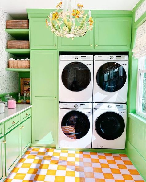 Gray Benko | Sharing the spaces from last Sunday’s episode of our @magnolianetwork show, Happy to Be Home With the Benkos. We had so much fun working… | Instagram Happy Laundry Room, Gray Benko, Mirth Studio, White Laundry Rooms, Green Laundry, Floor Decals, Green Companies, White Laundry, Outdoor Signage