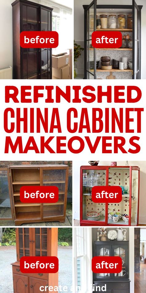 Refinished China and curio cabinet ideas and tips with before and after photos. Bookcase To China Cabinet, Updating A China Cabinet, Diy Display Cabinet Makeover, Wallpapered China Cabinet, Turn China Cabinet Into Bar, China Cabinet Repurposed Ideas, Corner Cupboard Makeover, How To Paint A Curio Cabinet, Chalk Paint Curio Cabinet