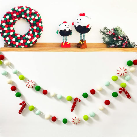 Christmas Felt Ball Garland - Peppermints Candy Cane Pom Pom Garland, Hand-Made from Natural Wool - Cute Hanging Decor for Christmas Tree, Kids Bedroom, Living Room, Nursery Decoration- 6.6 Feet Long Decor For Christmas Tree, Christmas Tree Kids, Peppermint Candy Cane, Living Room Nursery, Pom Garland, Decor For Christmas, Christmas Felt, Ball Garland, Beautiful Christmas Decorations