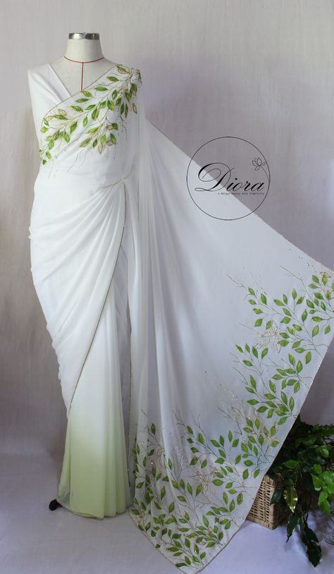 #diora #dioraembroidery #dioraapparel #details  #handpaintingsaree #embelishment #handembroidery #designersaree #designerdress #uniquebeauty #elegance #Emergingbrand #2022year Hand Painting Dress Design, Painting Sarees Hand, Fabric Saree Design, Painting On Dresses Design, Fabric Paint On Saree, Simple Fabric Painting Designs For Sarees, Design For Saree Painting, Painting Ideas For Sarees, Fabric Painting Saree Design