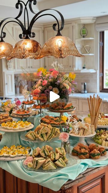 High Tea Buffet Display, Tea Party Catering Ideas, Mother Daughter Tea Party Ideas Table Decorations, High Tea Buffet Table, Coffee And Donuts Party, Tea Party Tablecloth Ideas, Afternoon Tea Set Up, Party Food Arrangement Ideas, 76 Birthday Party Ideas