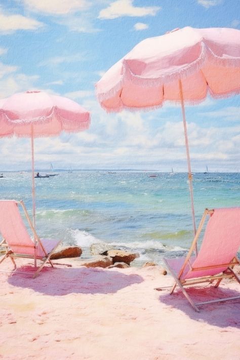 1950s Beach Aesthetic, Pink Beach Painting, Pink Collage Pictures, 50s Beach Aesthetic, Pastel Beach Aesthetic, Pastel Summer Aesthetic, Retro Beach Aesthetic, Pink Beach Aesthetic, Retro Beach Art