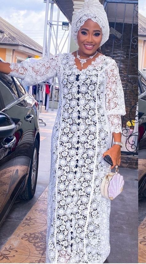 Kaftan Designs With Lace, Latest White Lace Bubu Gown Style, Fitted Lace Gown Styles, Latest Style For White Lace Gown, Straight Gown Lace Styles, Boubou Lace Styles For Women, White Lace Bubu Gown Styles Nigerian, Bubu Lace Styles, Lace Bubu Styles Nigerian