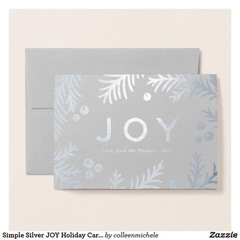 Simple Silver JOY Holiday Cards | Real Foil Simple & modern, these "JOY" holiday cards feature botanical branches and berries in real silver foil. Personalized with family name or text of your choice! Inside is blank for writing a custom note, or you can click "Customize" to add pre-printed text. ❤  Affiliate ad link. Invitations, greetings and products for Christmas / the holiday season. #christmas #holiday #invitations #invites Christmas Card Simple, Joy Holiday Card, Company Christmas Cards, Corporate Christmas Cards, Wedding Invitation Ideas, Corporate Holiday Cards, Foil Business Cards, Business Holiday Cards, Card Simple