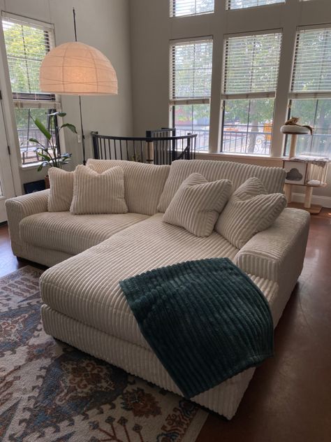 White corduroy sectional couch in loft apartment California home interior design Corduroy Couch Decor, Cordoroy Sofa, Couches Comfy, Minimalist Couch Living Rooms, Comfy Sofas Living Rooms, Caddy Corner Couch In Living Room, Couch Astetic, Couch 2023, Sectional Living Room Modern