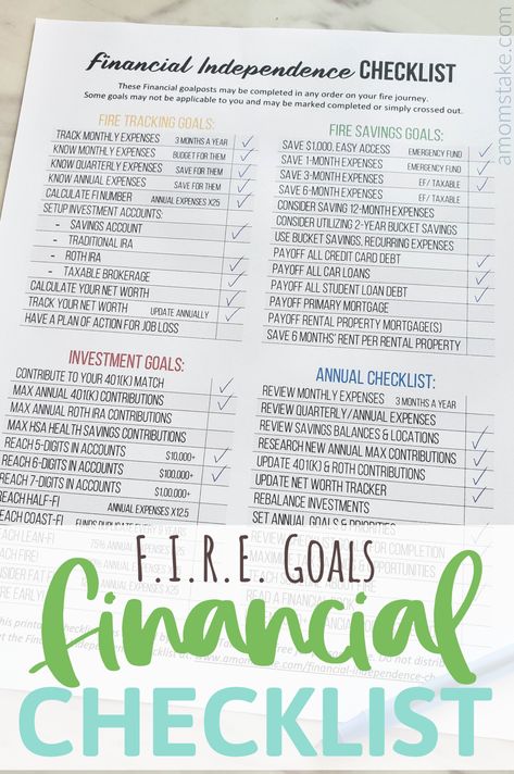 Grab this free Financial Independence Checklist printable to help you track your F.I.R.E. (Financially independent, retire early) goals. This worksheet includes milestones and goals along the way with help and guidance on how you can reach your savings and investment goals and reminders to track your progress to help motivate you and your finances to reach your goals of retiring early! Financial Planning Templates, F.i.r.e. Retirement, Checking And Saving Account Goals, 2024 Financial Goals, 2023 Financial Goals, Financial Worksheets, Financial Goals Template, Financial Goals For 30s, Annual Financial Checklist