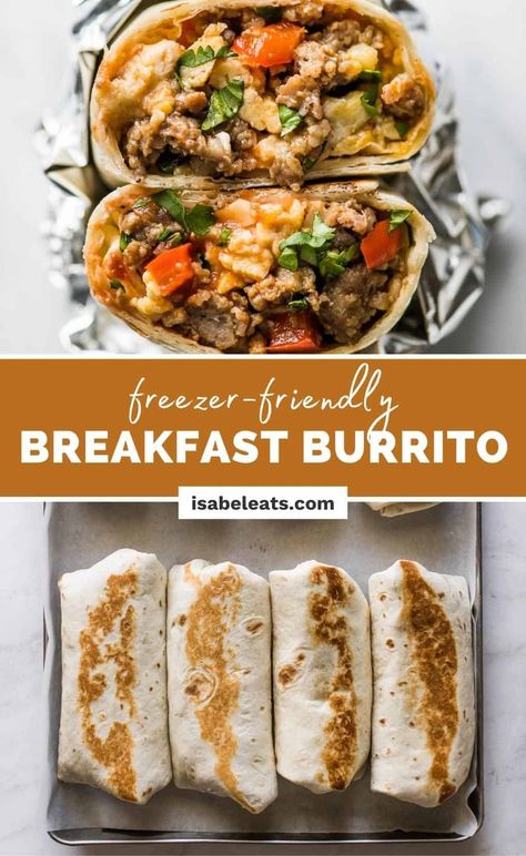 Easy breakfast burritos filled with eggs, breakfast sausage, chunky salsa, and shredded cheese. They're perfect for meal prep and are freezer friendly! Breakfast Burritos Freezer, Easy Breakfast Burrito Recipe, Burritos Freezer, Freezable Breakfast, Best Breakfast Burritos, Easy Breakfast Burritos, Freezer Breakfast Burritos, Breakfast Burritos Frozen, Sausage Dinner