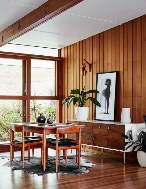 Life In One Of Melbourne’s Best Mid-Century Homes! Mid Century Mixed With Traditional, Joanna Gaines Mid Century Modern, Mid Century Wood Floors, Mid Century Design Interior, Wood Paneled Walls, Mid Century Interior Design, Mid Century Wall Decor, Paneled Walls, Mid Century Modern Interior Design