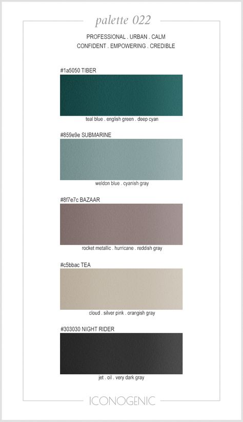 Business color palette by Iconogenic. Teal, Greige, Oil. Teal And Gray Color Scheme, Office Color Scheme Business Green, Teal Blue And Grey Bedroom, Teal Green Grey Color Palette, Teal Taupe Color Palette, Teal Accent Colors Colour Palettes, Petrol Blue Color Palette, Grey Turquoise Color Palette, Sage Teal Color Palette