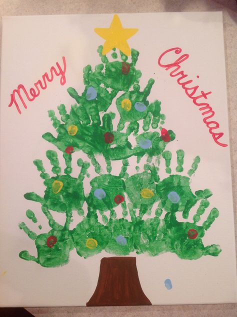 Handprint Christmas tree with thumbprint ornaments Handprint Christmas Tree Classroom Door, Hand Print Christmas Tree Craft, Finger Painting Ideas For Kids Christmas, Christmas Tree With Handprints, Christmas Tree Hands, Hand Christmas Tree Craft For Kids, Thumbprint Ornaments, Hand Print Christmas Tree, Christmas Tree Handprint