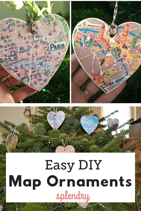 These easy to make map ornaments will look great on the tree, but will also be a fun reminder of all your travels! #diy #easydiy #christmasdiy #christmascrafts #mapornaments Map Christmas Ornaments Diy, New York Ornaments Diy, Travel Christmas Ornaments Diy, Travel Ornaments Diy, Map Ornaments Diy, Diy Travel Ornaments, Travel Christmas Tree, Disney Map, Diy Map