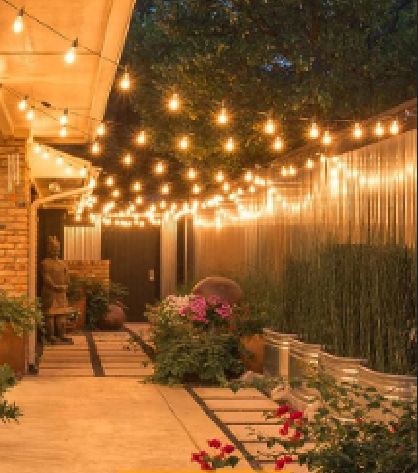 Hanging Cafe Lights Outside, Hanging Backyard Lights, Backyard Festoon Lights, Hanging Fairy Lights Outside, Festoon Lights Courtyard, Twinkle Lights Garden, Outdoor Party Lights Backyards, String Lights Bar, Lights In Backyard Hanging