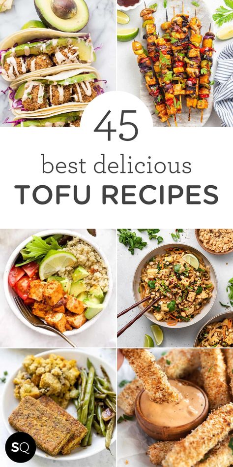 Here's a list of the 45+ recipes using tofu! We've got everything from breakfast, quinoa bowls, lunches & dinners, and even desserts. We're giving you so many delicious ideas to use up your tofu with lots of healthy vegetarian, vegan and gluten-free recipes. 45+ Ways to Use Tofu | Vegan, Vegetarian and Gluten-Free Recipes for your Lunch and Dinner | Meal Prep Ideas. Simply Quinoa Tofu Based Recipes, Delicious Tofu Recipes Healthy, Healthy Tofu Lunch, Tofu Lunch Ideas For Work, Vegetarian Gluten Free Meal Prep, Meal Prep With Tofu, Cheap Tofu Recipes, Easy Vegan Tofu Dinner, Mediterranean Diet Tofu Recipes