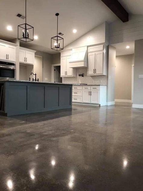 Concrete Floor Ideas Living Room, Concrete Floors With Wood Cabinets, Concrete Kitchen Floors, Interior Stained Concrete Floors, Modern Kitchen With Concrete Floors, Kitchen Cabinets With Concrete Floors, Barndo With Concrete Floors, Kitchen Ideas Concrete Floor, Homes With Cement Floors