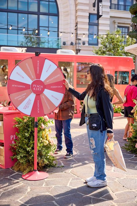 Custom Prize Wheel Party Activation Ideas, Interactive Marketing Ideas, Retail Activation Ideas, In Store Events Ideas, Aesthetic Booth Ideas, Event Photo Op Ideas, Event Pop Up, Influencer Party Ideas, Marketing Booth Ideas