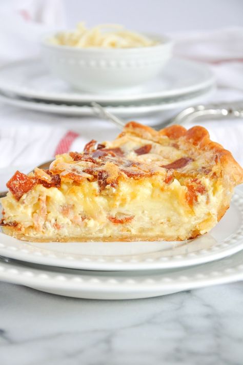 Quiche Lorraine With Bacon, Swiss And Gruyère - THE HOME AND FEAST CO. Lorraine Quiche, Ideas For Brunch, Pumpkin Alfredo, Egg Quiche, Brunch At Home, Quiche Lorraine Recipe, Thanksgiving Brunch, Store Bought Pie Crust, Quiche Recipes Easy