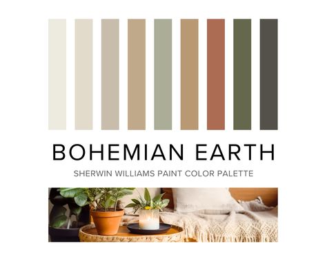 Boho Color Palette: Sherwin Williams Paint Colors for Earthy Warm Bohemian Home Interior Design Neutrals & Earth Tones - Etsy Muted Earth Tones Colour Palettes, Earthy Neutral Home Decor, Earth Tone Bedroom Paint Colors, Interior Paint Trends 2024, Boho House Color Palette, Earth Tone Hallway, Boho Colors Living Room, Earthy Office Colors, Burnt Sienna Paint Color