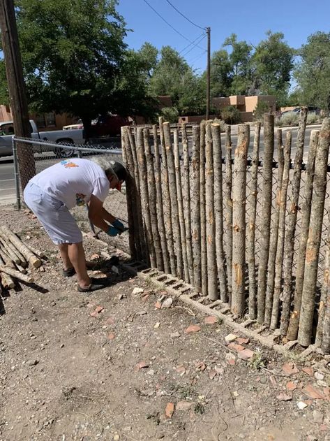 Coyotes and Fences…An Easy Santa Fe Look Done in a Morning! | Hometalk Log Fence Rustic, Rustic Garden Fence Ideas Diy, Log Fence Ideas, Easy Diy Fence, Coyote Fence, Cottage Yard, Spanish Patio, Fence Cover, Chainlink Fence