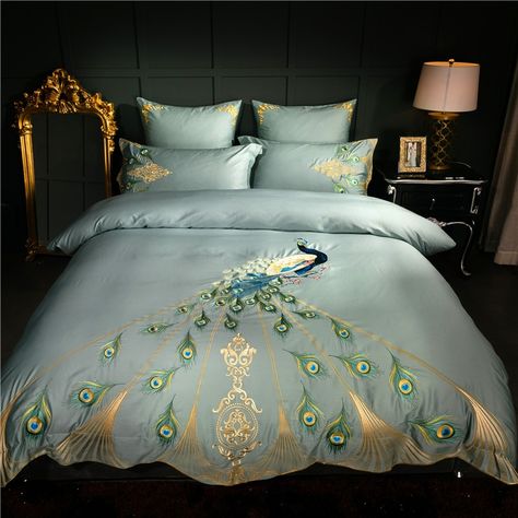 Peacock Bedding, Teal Duvet, Teal Duvet Cover, Fancy Bed, Chic Embroidery, Egyptian Cotton Duvet Cover, King Size Bed Sheets, Bank Bed, Luxury Bed Sheets