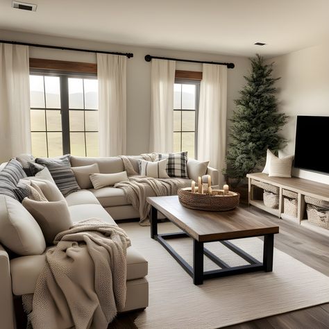 Farm Style Living Room Apartment, Model House Living Room, Modern Farm Home Decor, Comfy Cozy Living Room Chic, Farmhouse Modern Apartment, Sectional Living Room Layout Farmhouse, Minimalistic Farmhouse Living Room, Family Room Modern Farmhouse, Neutral Home Aesthetic Living Room