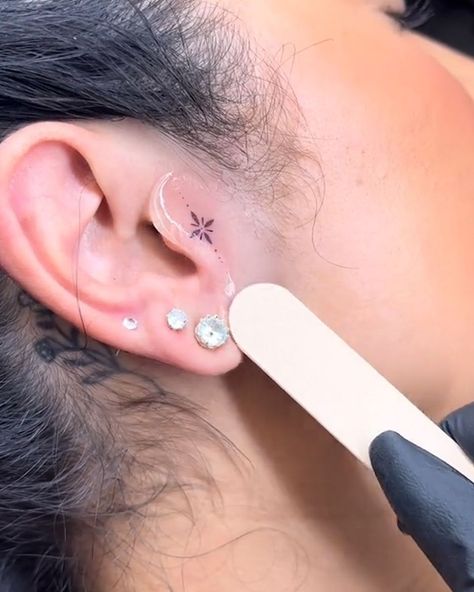 Delicate ear tattoos | ear | These tragus and ear tattoos are so unique! 👂 | By LADbible Womans Ear Tattoos, Small Tattoo By Ear On Face, Face Tattoo By Ear Women, Ear Tragus Tattoo, Tiny Ear Tattoo Tragus, Delicate Ear Tattoos For Women, Ladies Ear Tattoo, Behind The Ear Tattoo Stars, Minimalistic Ear Tattoo