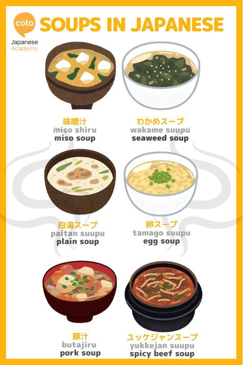 Let's learn about varieties of SOUPS in Japanese! Japenese Food, Japanese Vocabulary, Materi Bahasa Jepang, Homemade Cookbook, Japanese Soup, Easy Japanese Recipes, Food Infographic, Kawaii Cooking, Japanese Cooking