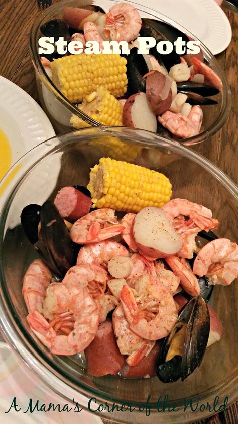 A Mama's Corner of the World: Seafood Steam Pot Recipe Steam Pot Recipes Seafood, Shrimp Steam Pot, Steamer Pot Recipes, Seafood Steam Pot Recipe, Steam Pot Recipes, Steamed Seafood, Steamed Recipes, Preakness Party, Steam Seafood