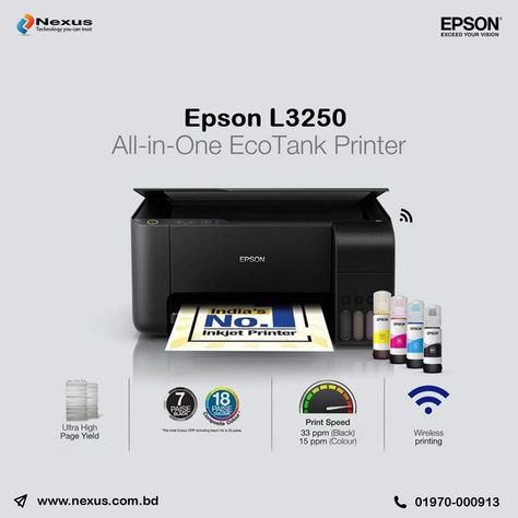 Epson EcoTank L3250 Wi-Fi All In One InkTank Printer *Printing Method: Epson Micro Piezo™ print head *Printing Resolution: 5,760 x 1,440 DPI *All-in-One Functions: Print, Scan, Copy *Multifunction: 100 Sheets Standard *Bluetooth Version: 5.2 *WARRANTY: 1 Year Warranty Iso Standards, Smart Panel, Epson Printer, Tank Design, Printer Scanner, Small Office, Computer Laptop, Inkjet Printer, Nozzles