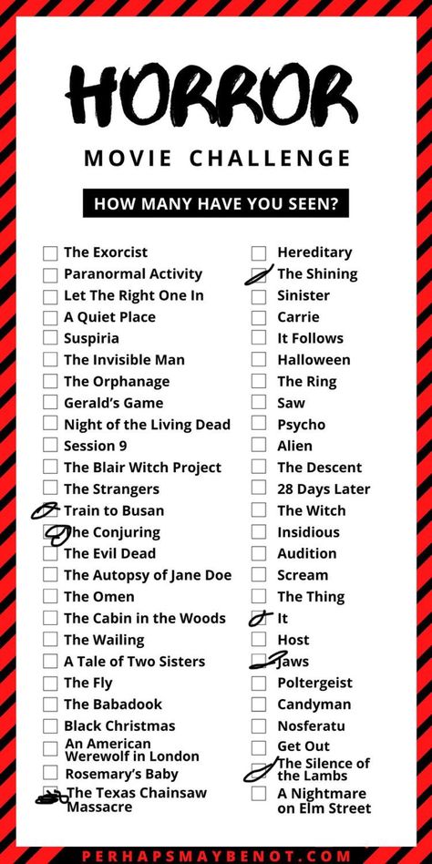 Classic Slasher Movies List, October Horror Movie Challenge, Movies To Watch With Friends Funny, Horror Movies Checklist, Top 10 Horror Movies List, Horror Movie Bucket List, Classic Horror Movies List, October Horror Movie List, Slasher Movies List