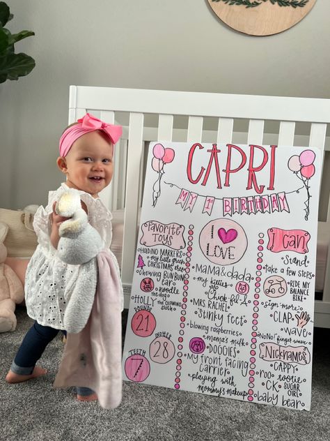 First Birthday Party Games Indoor, Diy Photo Board First Birthday, First Bday Diy Decorations, First Birthday Photo Board Ideas, Diy Milestone Board 1st Birthday, 1st Birthday Stats Board, Youre The One That I Want First Birthday, 1st Birthday Party Picture Display, First Birthday Milestone Board Diy