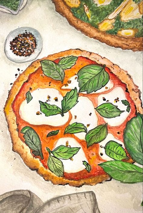 Food Watercolour Painting, Pizza Watercolor Painting, Italian Food Painting, Italian Paintings Easy, Food Illustration Art Watercolour, August Watercolor, Meal Illustration, Pizza Painting, Pizza Watercolor